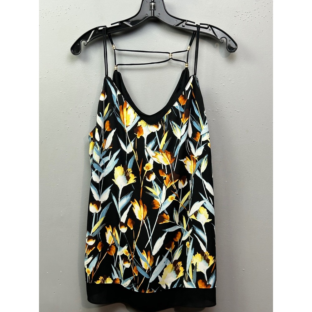 Thalia Sodi Cami Top Womens Large Black Floral Cage Back Gold Hardware Strappy